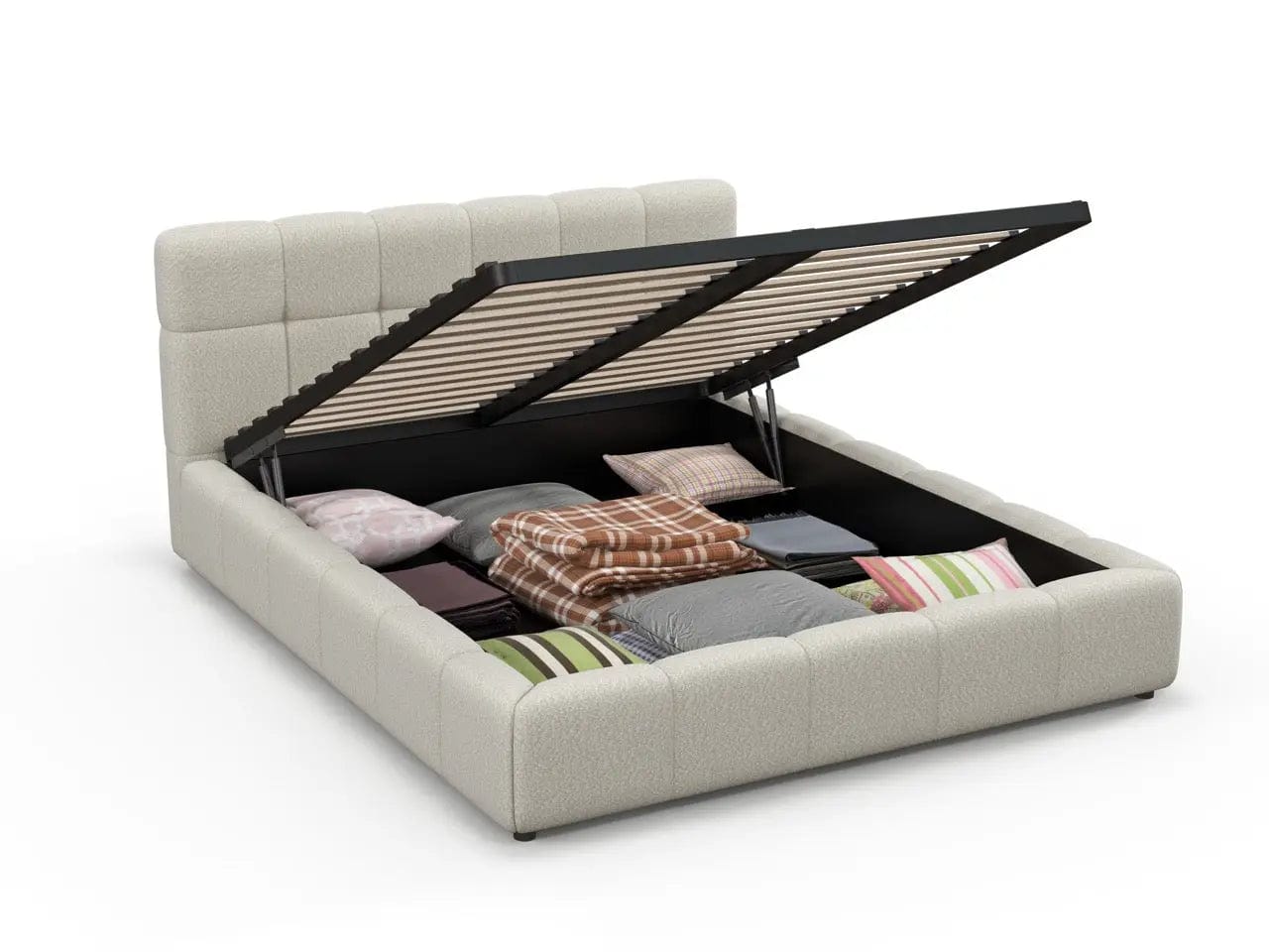 Pat dormitor dumonde, tapitat bej, Lorenzo 180x200 cm, somiera rabatabila inclusa, spatiu depozitare WLS