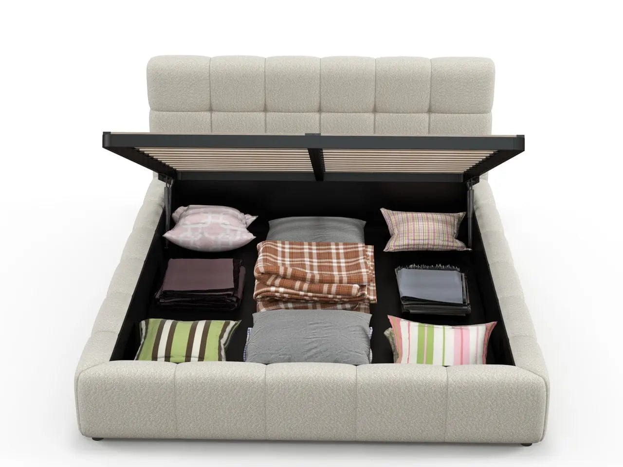 Pat dormitor dumonde, tapitat bej, Lorenzo 180x200 cm, somiera rabatabila inclusa, spatiu depozitare WLS