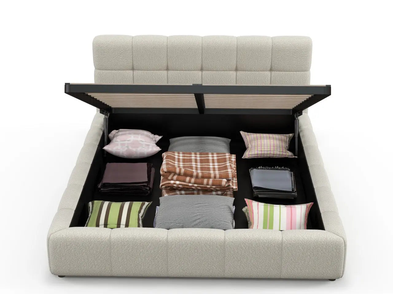 Pat dormitor dumonde, tapitat gri, Lorenzo 160x200 cm, somiera rabatabila inclusa, spatiu depozitare WLS