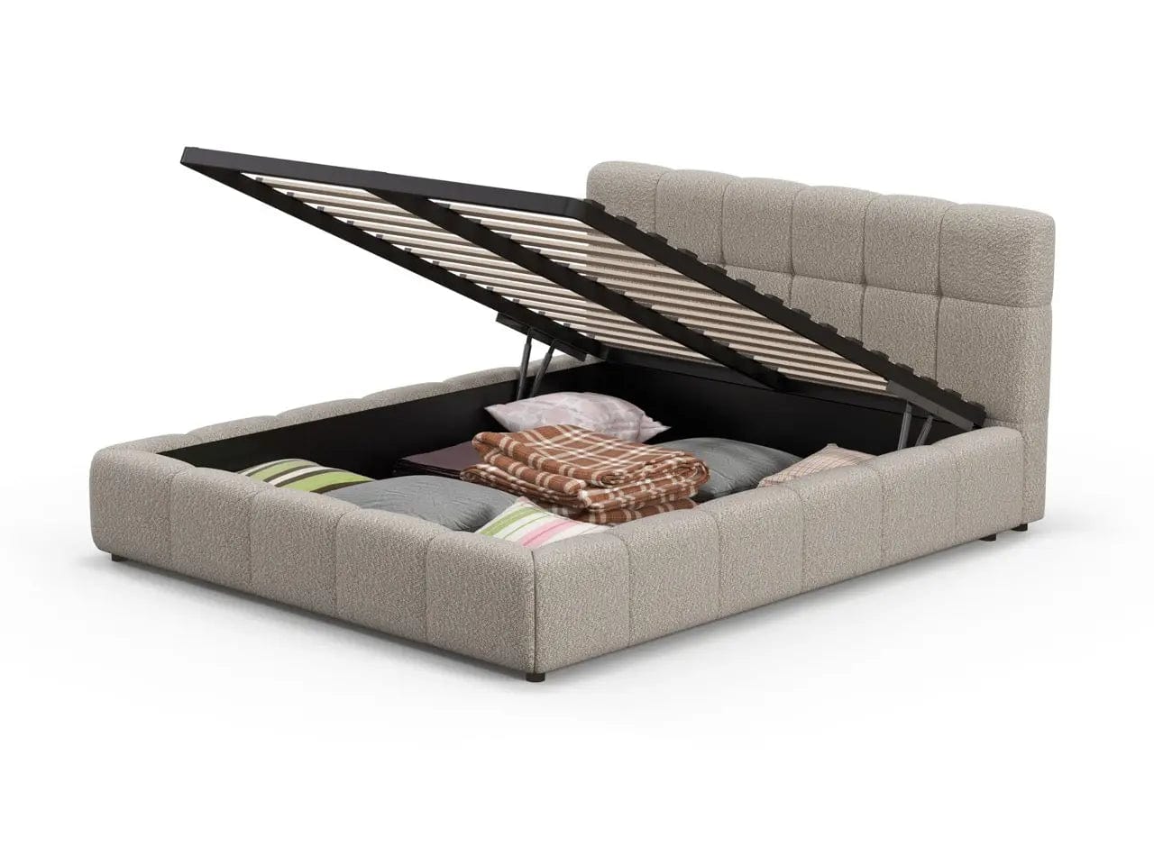 Pat dormitor dumonde, tapitat bej, Lorenzo 160x200 cm, somiera rabatabila inclusa, spatiu depozitare WLS