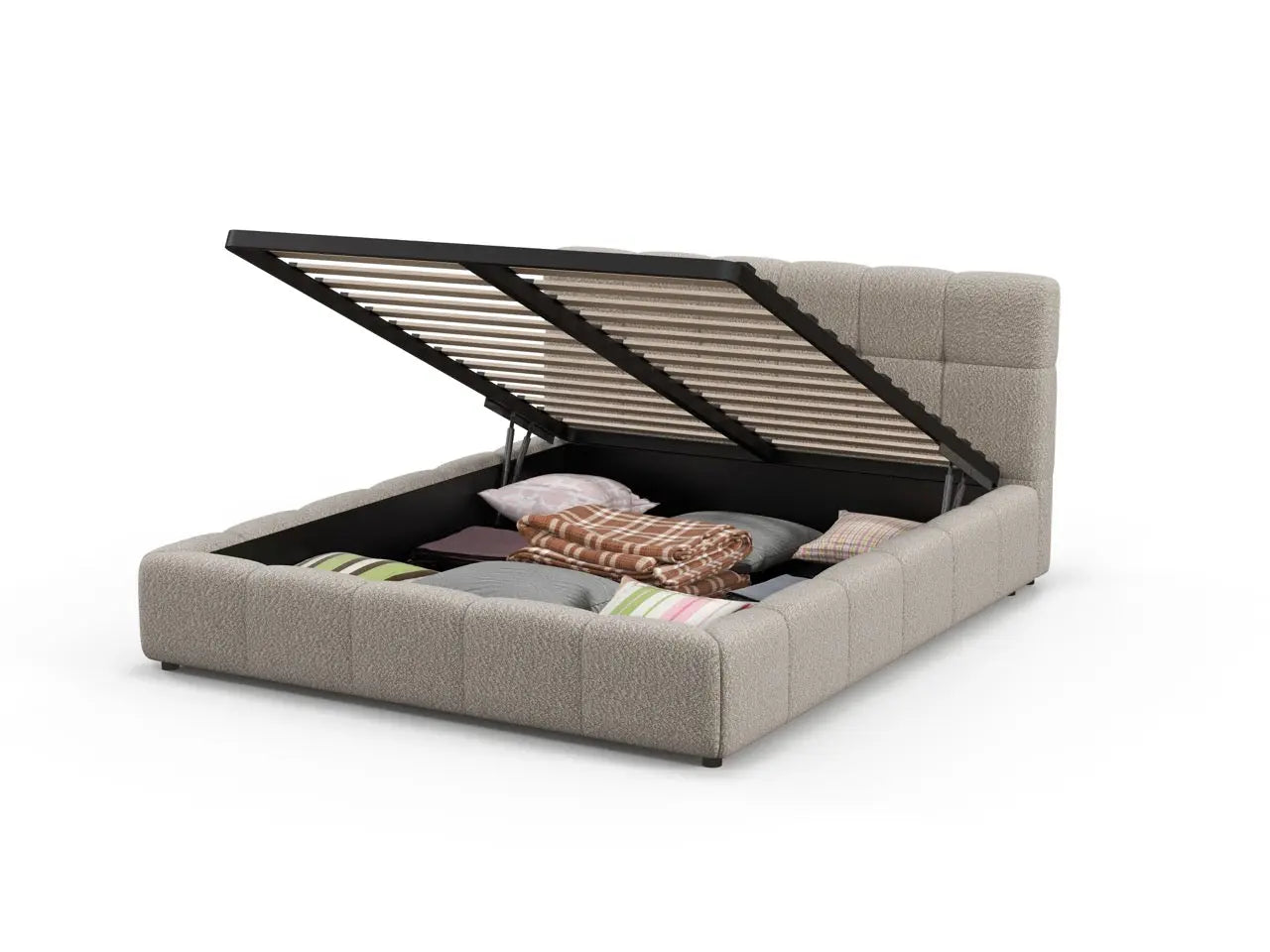 Pat dormitor dumonde, tapitat bej, Lorenzo 160x200 cm, somiera rabatabila inclusa, spatiu depozitare WLS