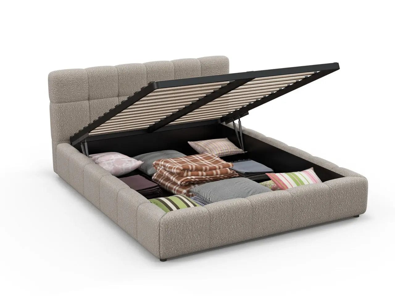 Pat dormitor dumonde, tapitat bej, Lorenzo 160x200 cm, somiera rabatabila inclusa, spatiu depozitare WLS
