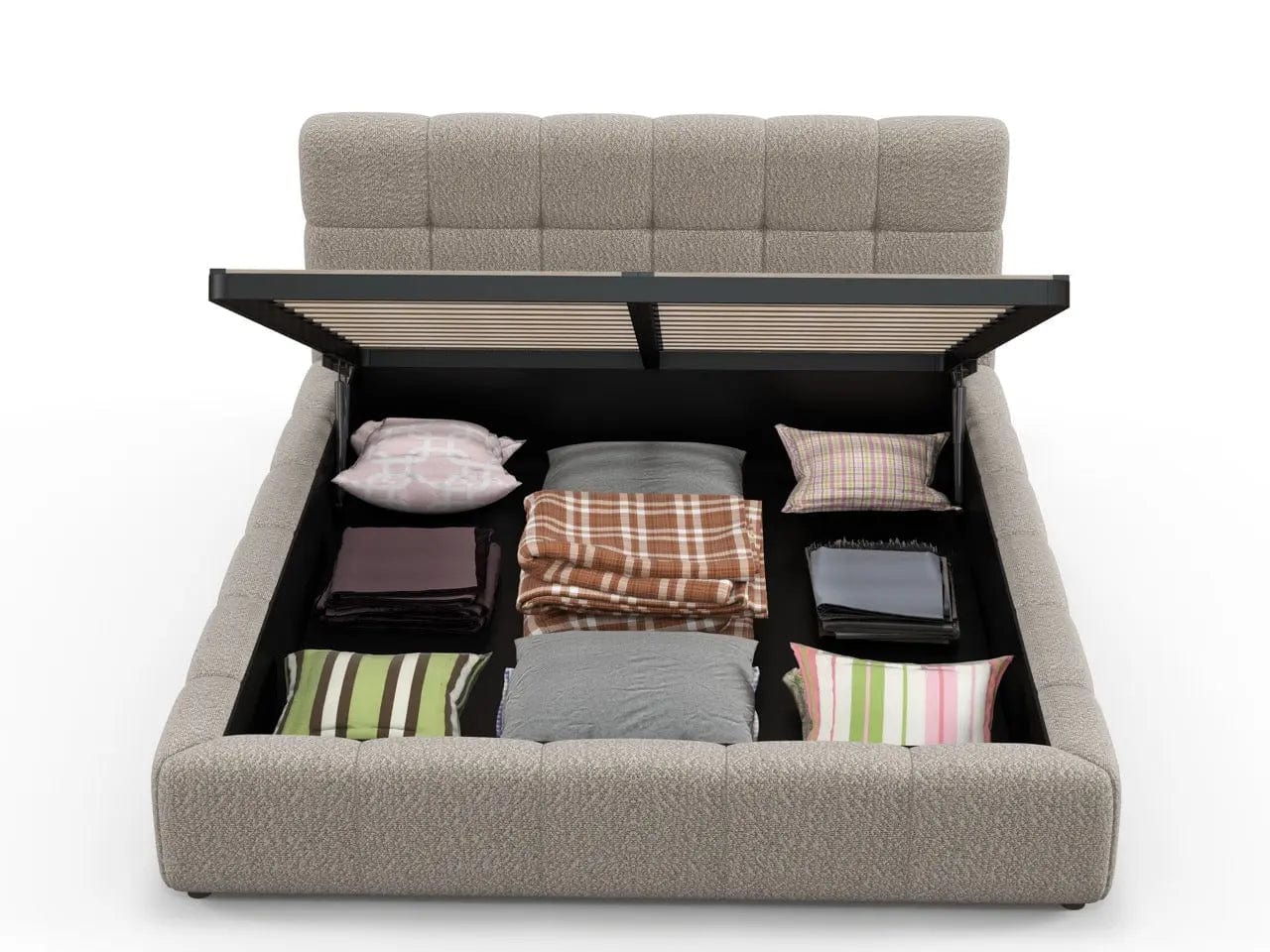 Pat dormitor dumonde, tapitat bej, Lorenzo 160x200 cm, somiera rabatabila inclusa, spatiu depozitare WLS