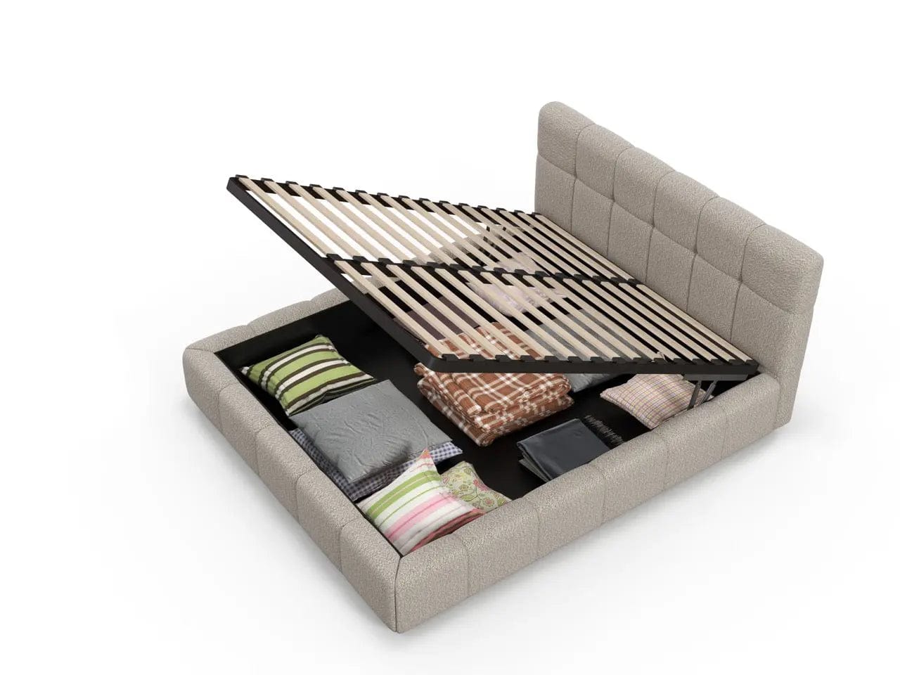 Pat dormitor dumonde, tapitat bej, Lorenzo 180x200 cm, somiera rabatabila inclusa, spatiu depozitare