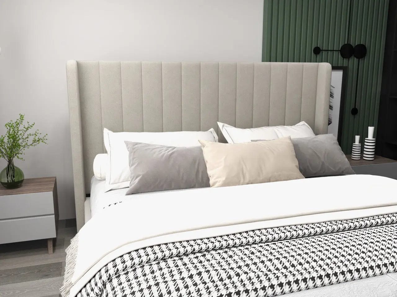 Pat dormitor dumonde, tapitat bej, Oslo 140x200 cm, somiera rabatabila inclusa, spatiu depozitare