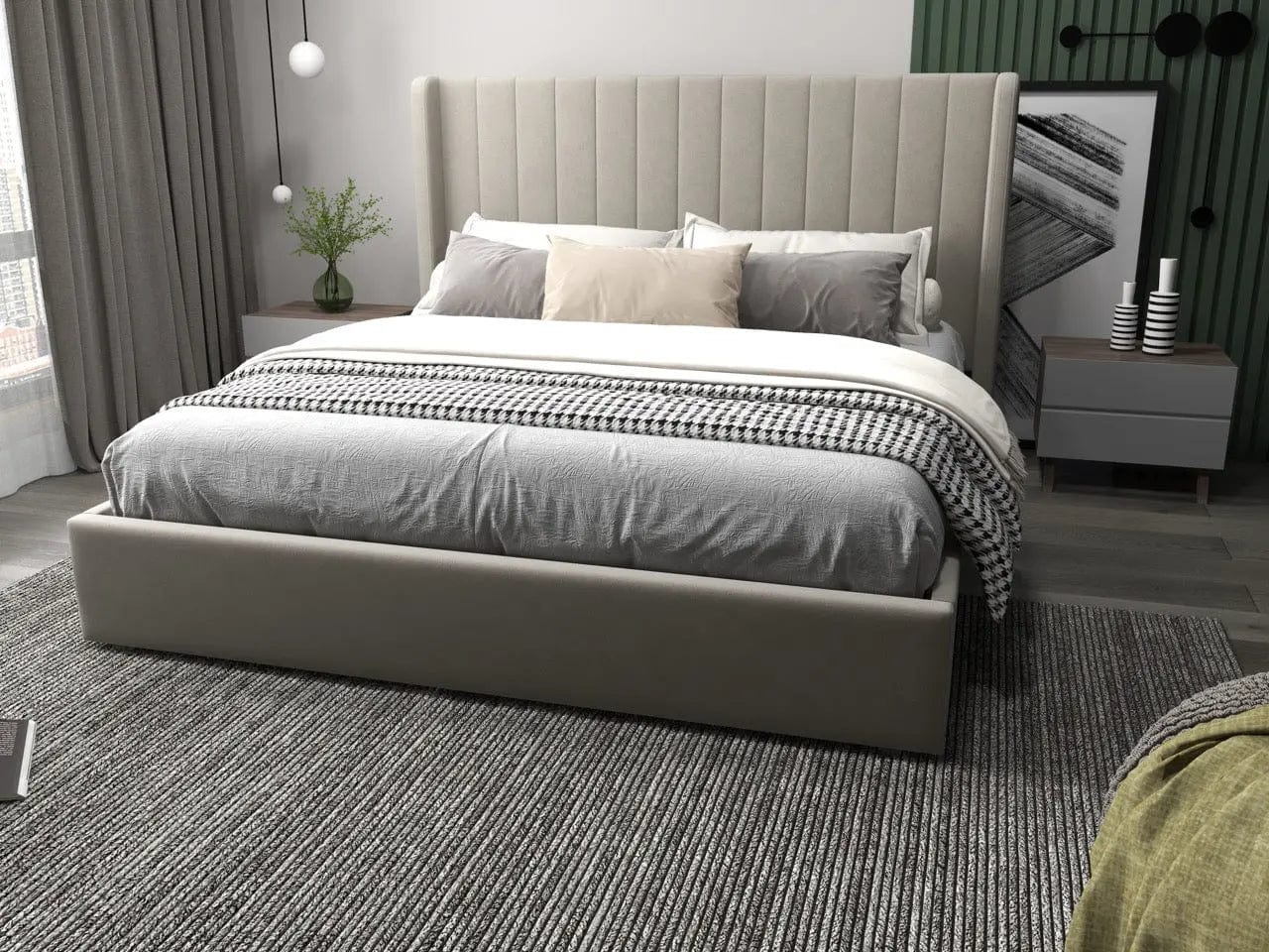 Pat dormitor dumonde, tapitat bej, Oslo 140x200 cm, somiera rabatabila inclusa, spatiu depozitare