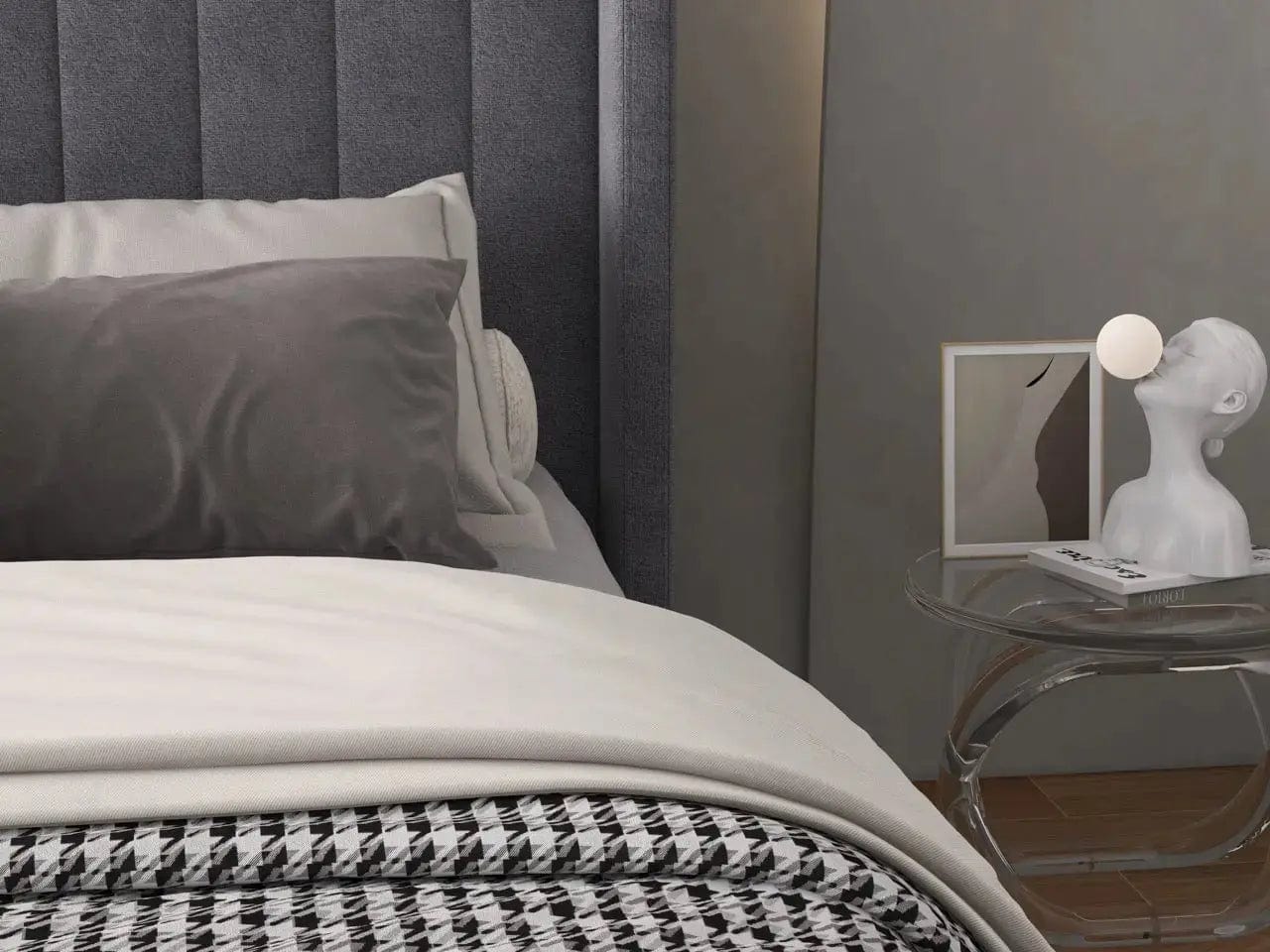 Pat dormitor dumonde, tapitat gri, Oslo 180x200 cm, somiera rabatabila inclusa, spatiu depozitare