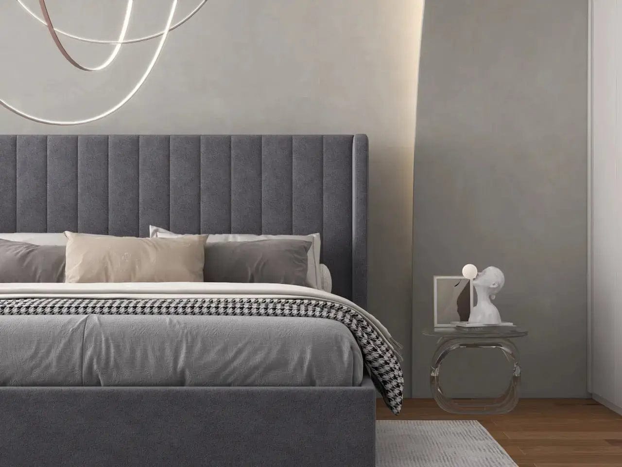 Pat dormitor dumonde, tapitat gri, Oslo 180x200 cm, somiera rabatabila inclusa, spatiu depozitare