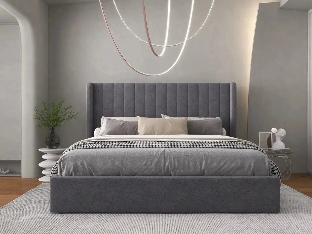 Pat dormitor dumonde, tapitat gri, Oslo 180x200 cm, somiera rabatabila inclusa, spatiu depozitare