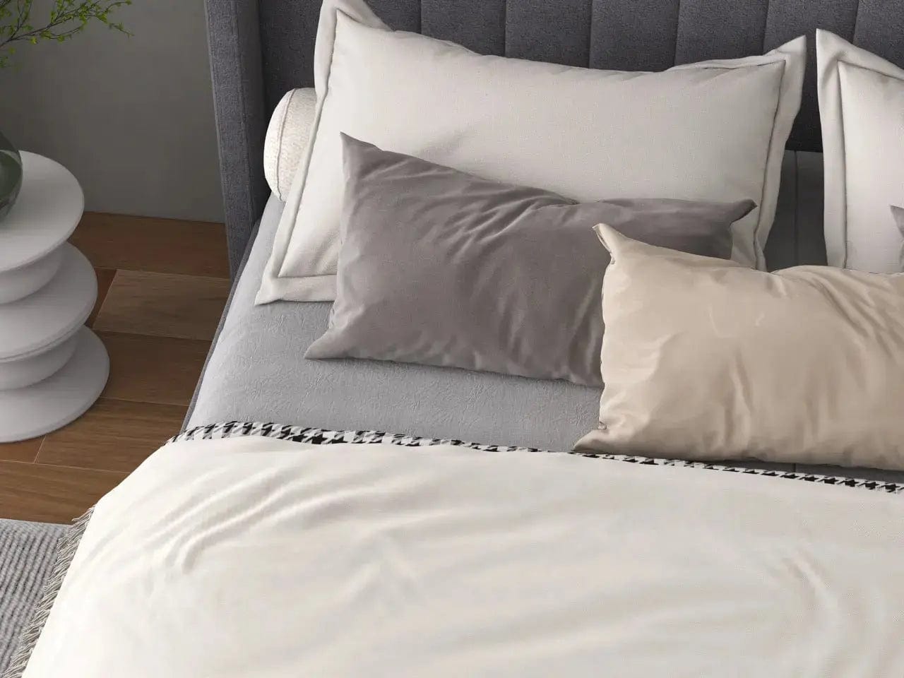 Pat dormitor dumonde, tapitat gri, Oslo 180x200 cm, somiera rabatabila inclusa, spatiu depozitare