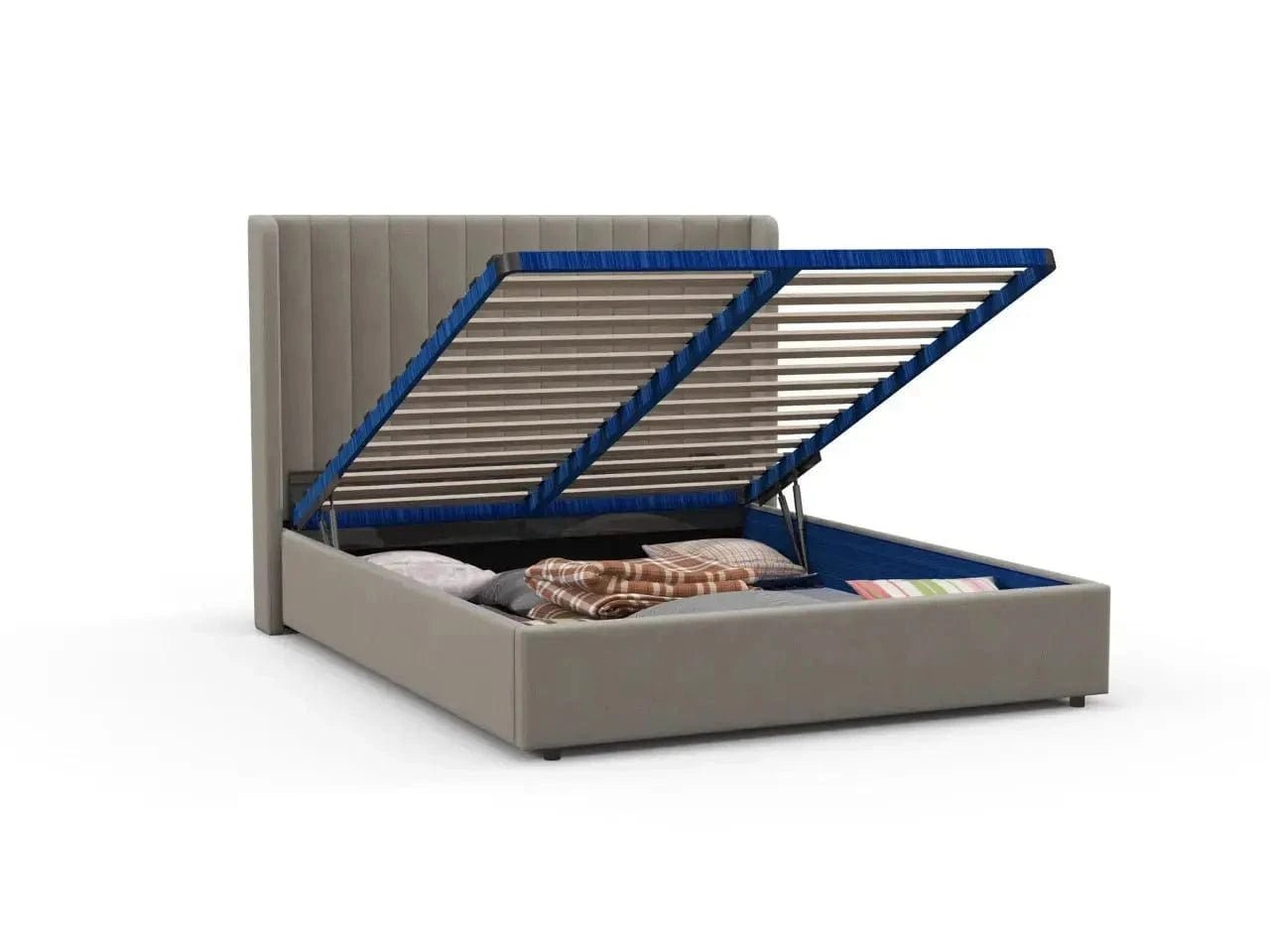 Pat dormitor dumonde, tapitat bej, Oslo 160x200 cm, somiera rabatabila inclusa, spatiu depozitare