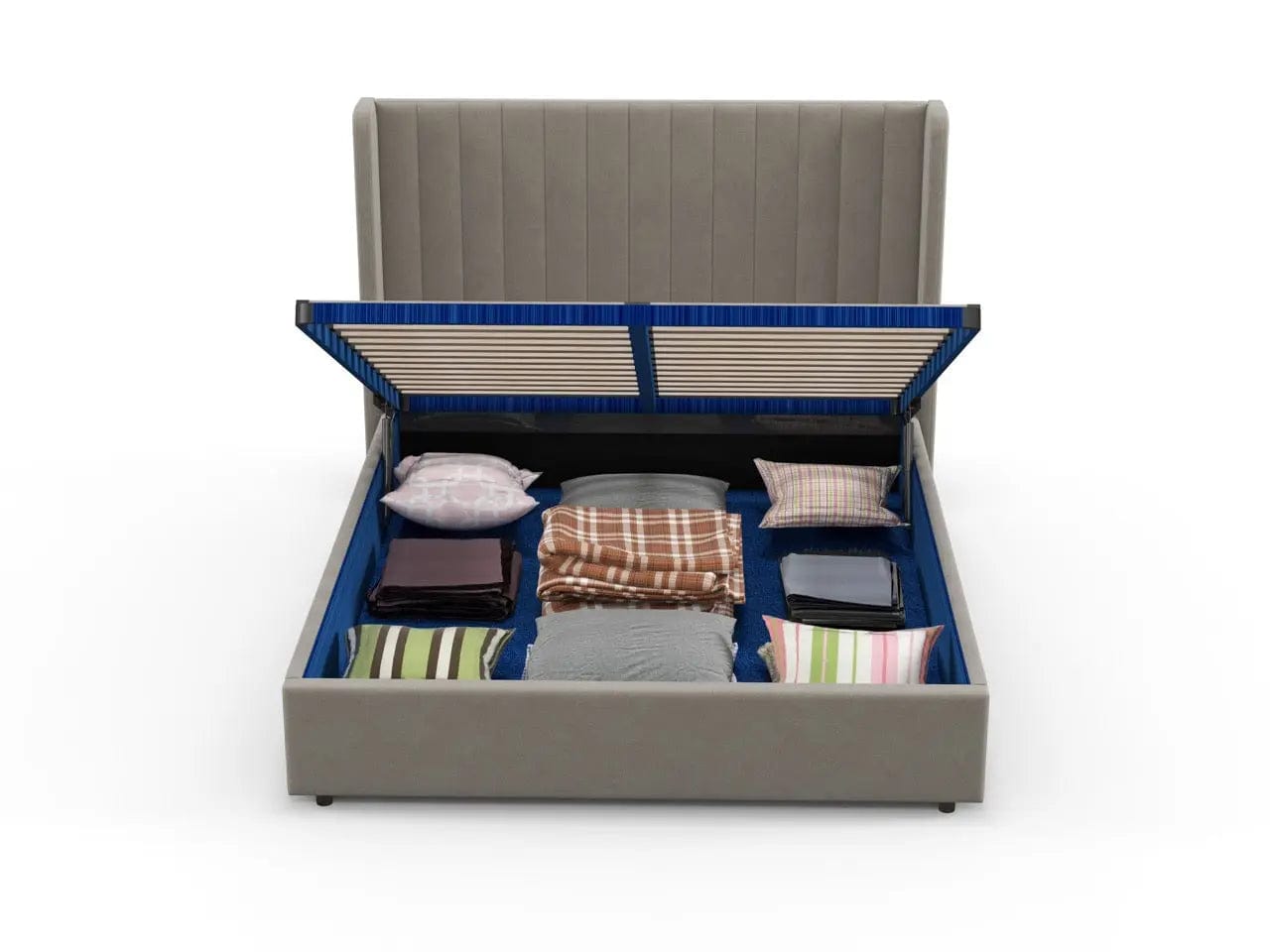 Pat dormitor dumonde, tapitat bej, Oslo 140x200 cm, somiera rabatabila inclusa, spatiu depozitare