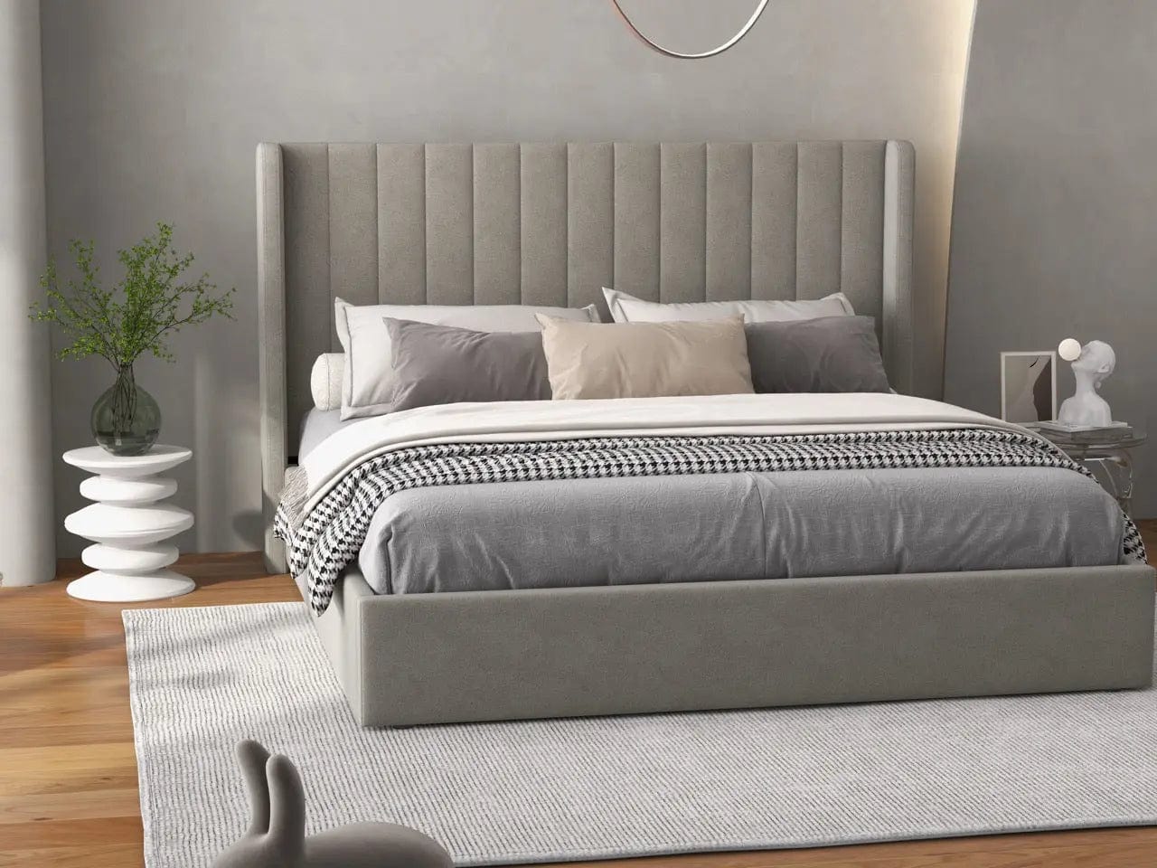 Pat dormitor dumonde, tapitat bej, Oslo 160x200 cm, somiera rabatabila inclusa, spatiu depozitare