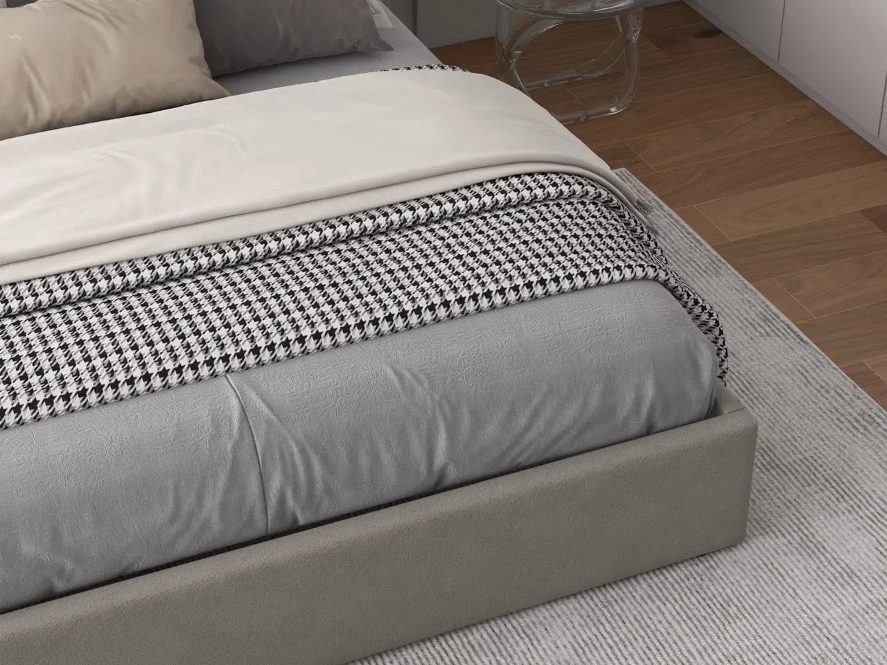 Pat dormitor dumonde, tapitat bej, Oslo 160x200 cm, somiera rabatabila inclusa, spatiu depozitare