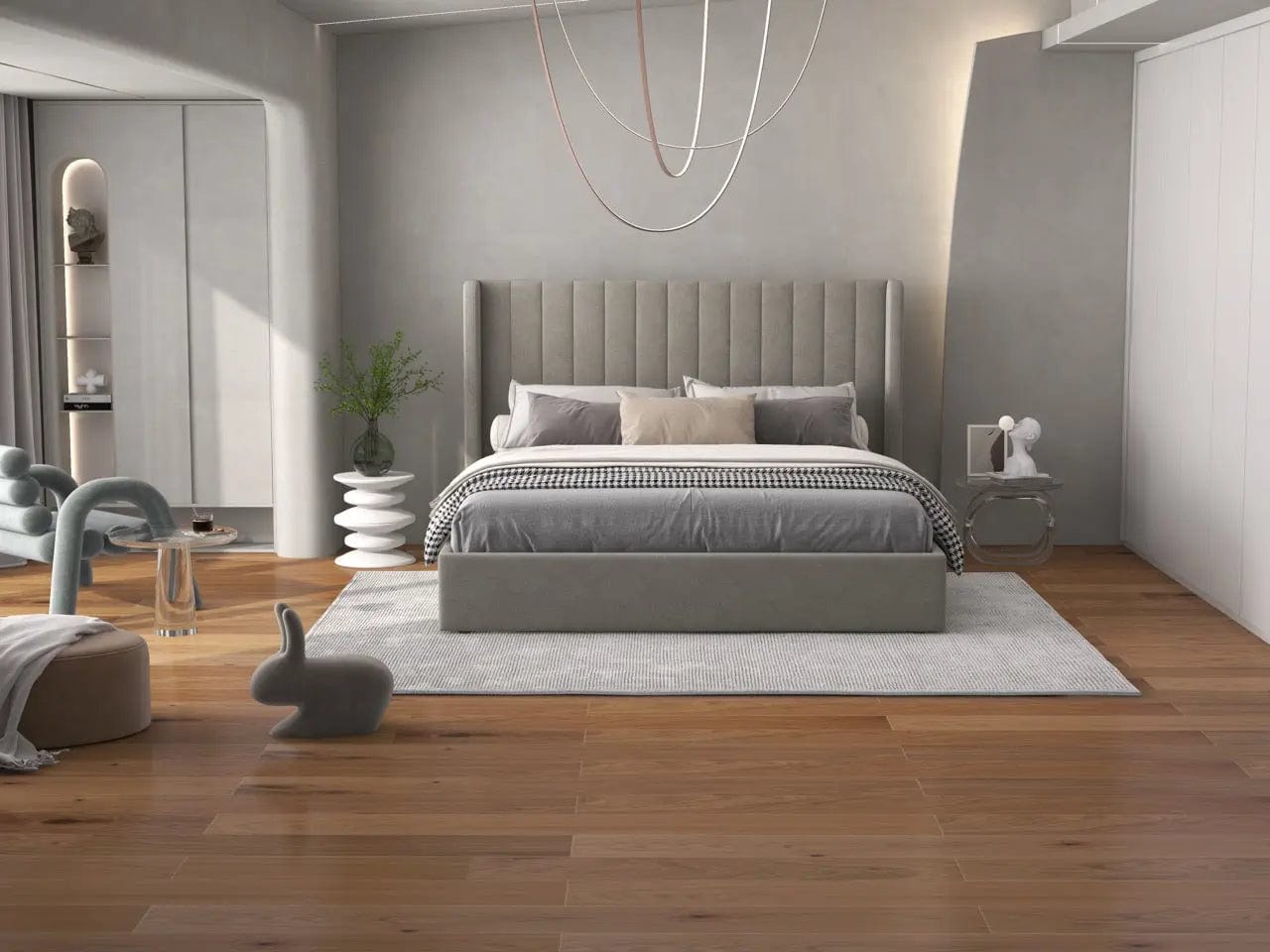 Pat dormitor dumonde, tapitat bej, Oslo 160x200 cm, somiera rabatabila inclusa, spatiu depozitare