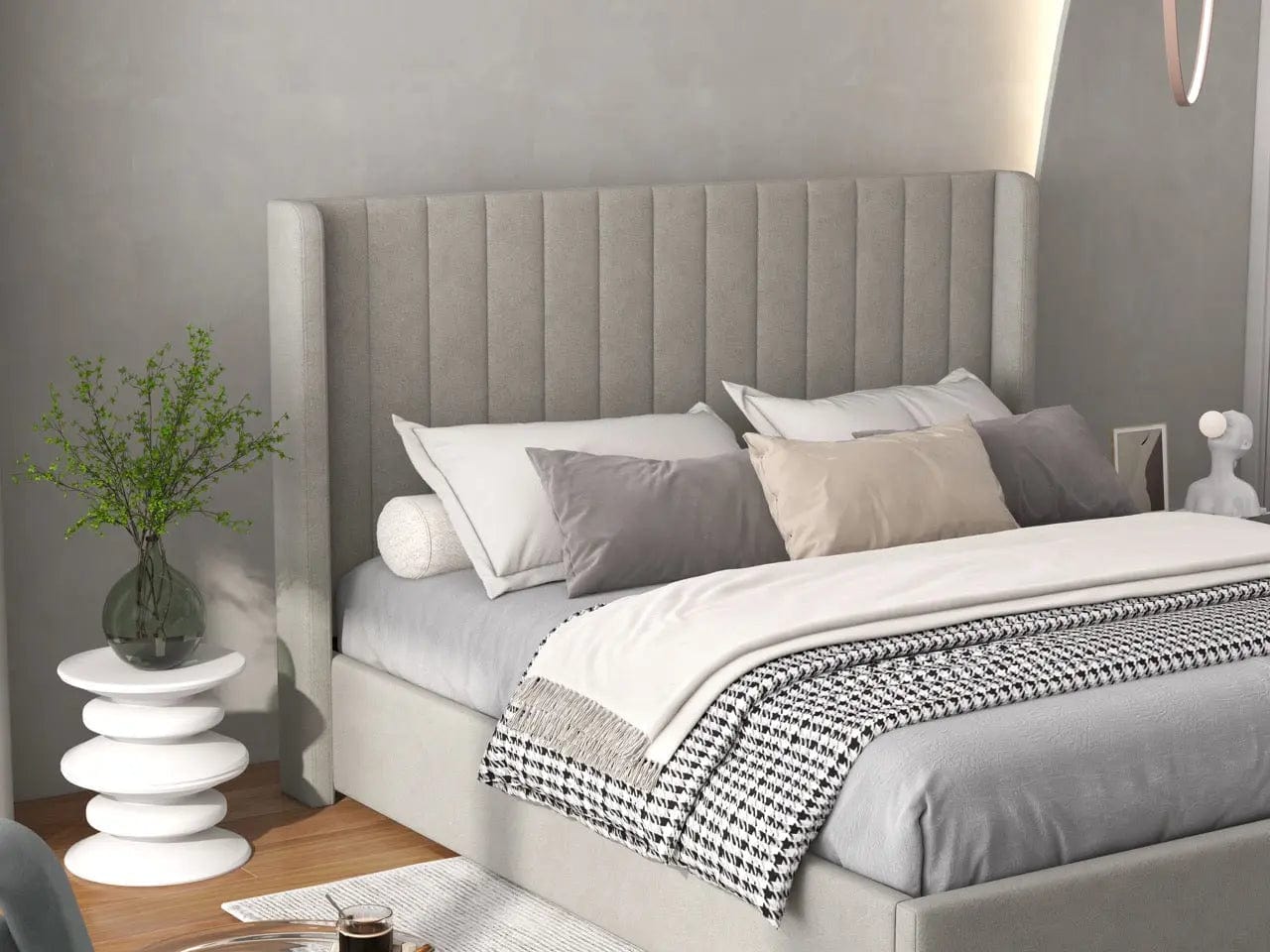 Pat dormitor dumonde, tapitat bej, Oslo 160x200 cm, somiera rabatabila inclusa, spatiu depozitare