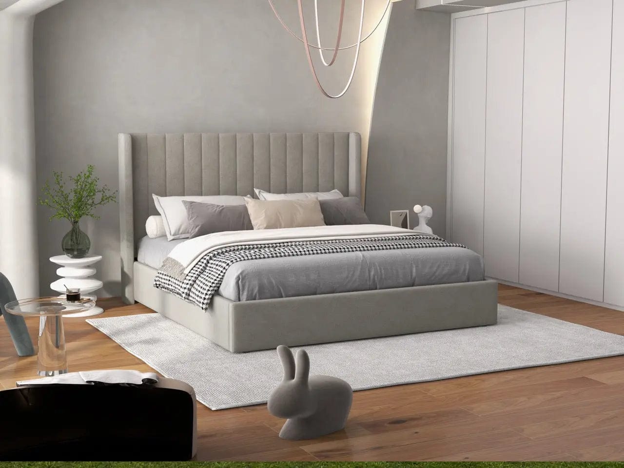 Pat dormitor dumonde, tapitat bej, Oslo 160x200 cm, somiera rabatabila inclusa, spatiu depozitare