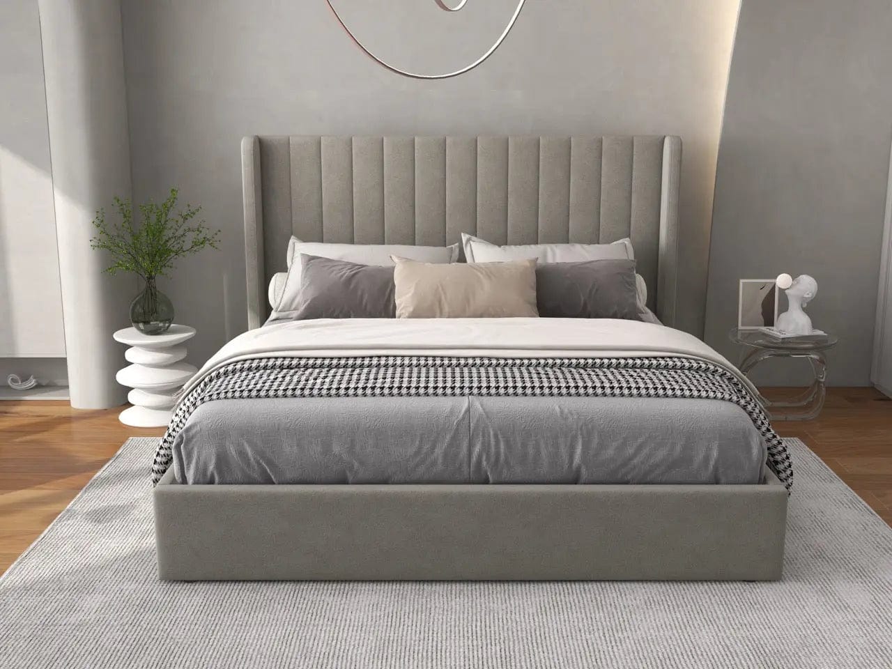 Pat dormitor dumonde, tapitat bej, Oslo 160x200 cm, somiera rabatabila inclusa, spatiu depozitare