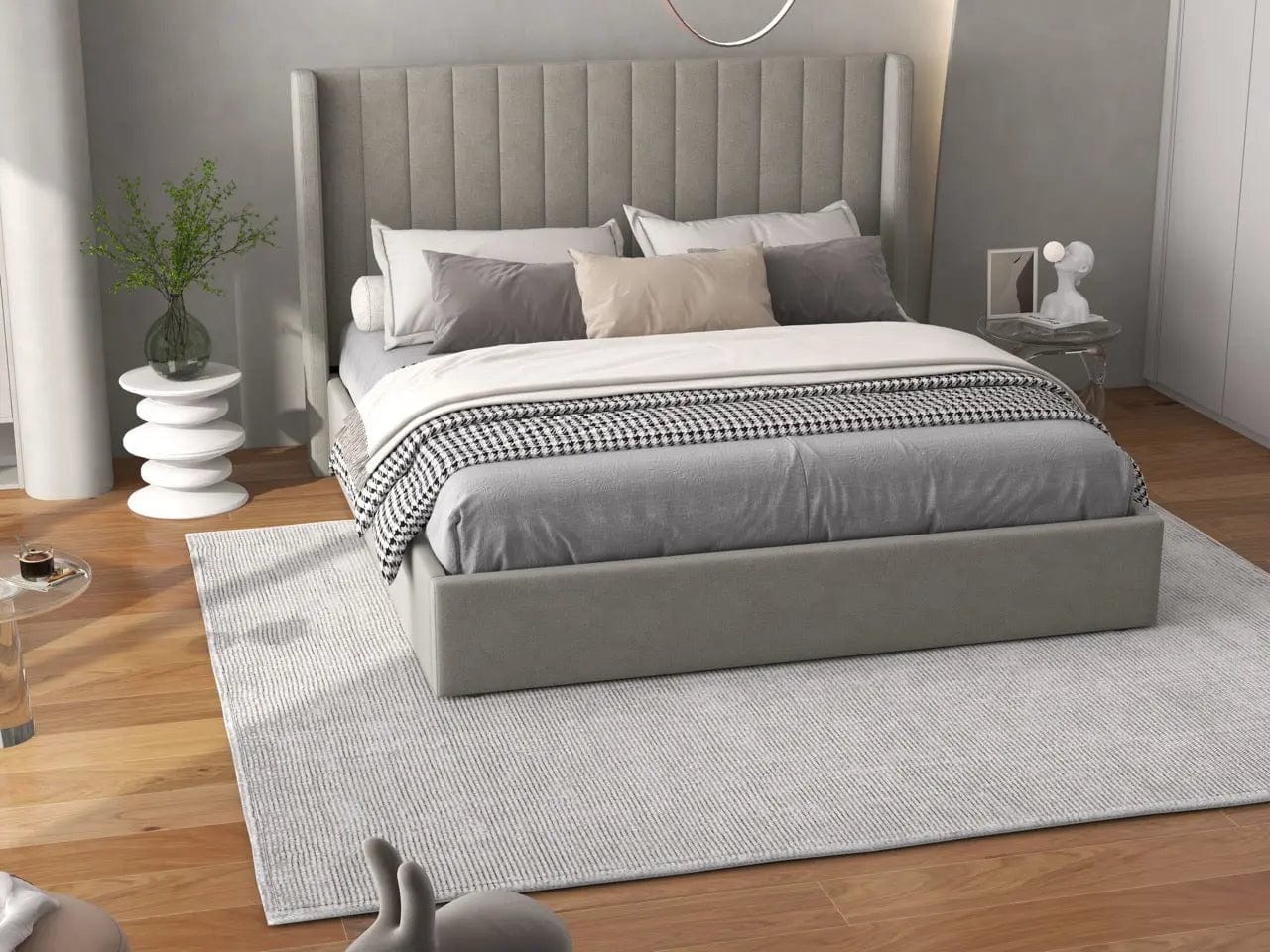 Pat dormitor dumonde, tapitat bej, Oslo 160x200 cm, somiera rabatabila inclusa, spatiu depozitare