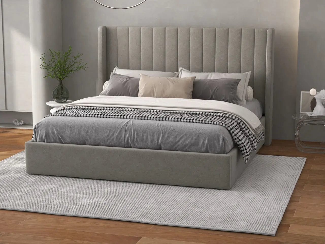 Pat dormitor dumonde, tapitat bej, Oslo 160x200 cm, somiera rabatabila inclusa, spatiu depozitare