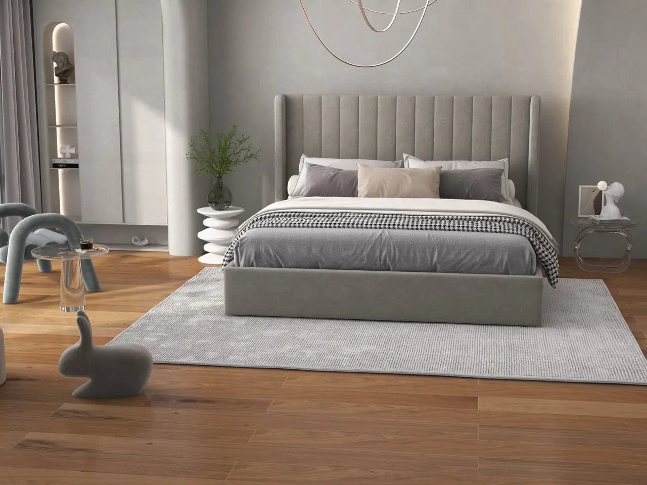 Pat dormitor dumonde, tapitat bej, Oslo 160x200 cm, somiera rabatabila inclusa, spatiu depozitare