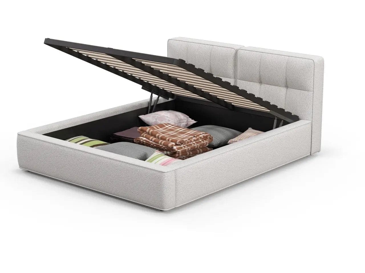 Pat dormitor dumonde, tapitat alb, Madrid 160x200 cm, somiera rabatabila inclusa, spatiu depozitare WLS