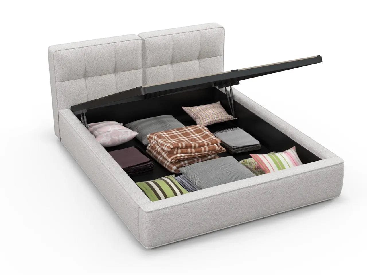 Pat dormitor dumonde, tapitat alb, Madrid 180x200 cm, somiera rabatabila inclusa, spatiu depozitare WLS