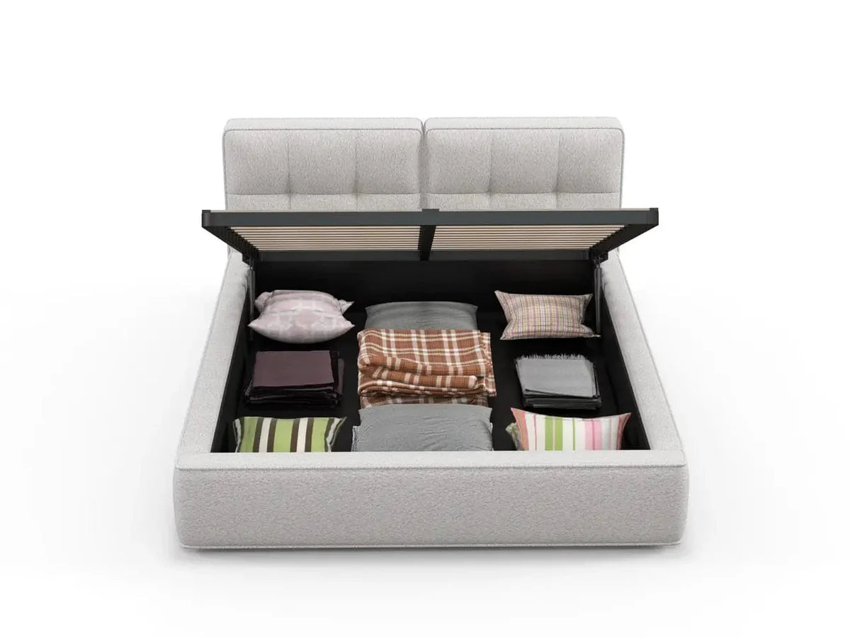 Pat dormitor dumonde, tapitat alb, Madrid 160x200 cm, somiera rabatabila inclusa, spatiu depozitare WLS