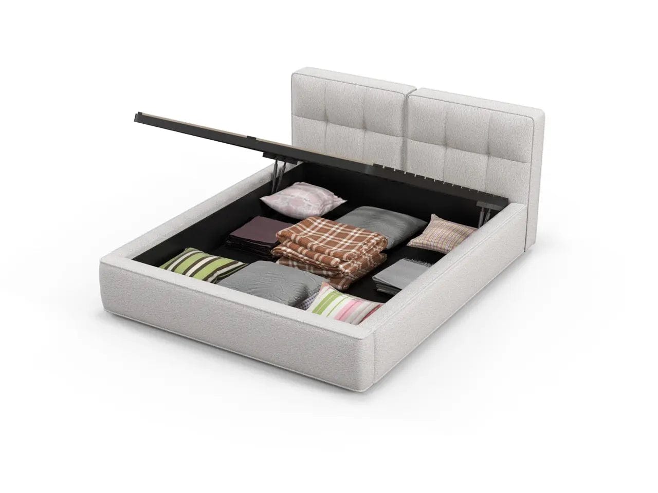 Pat dormitor dumonde, tapitat alb, Madrid 160x200 cm, somiera rabatabila inclusa, spatiu depozitare WLS