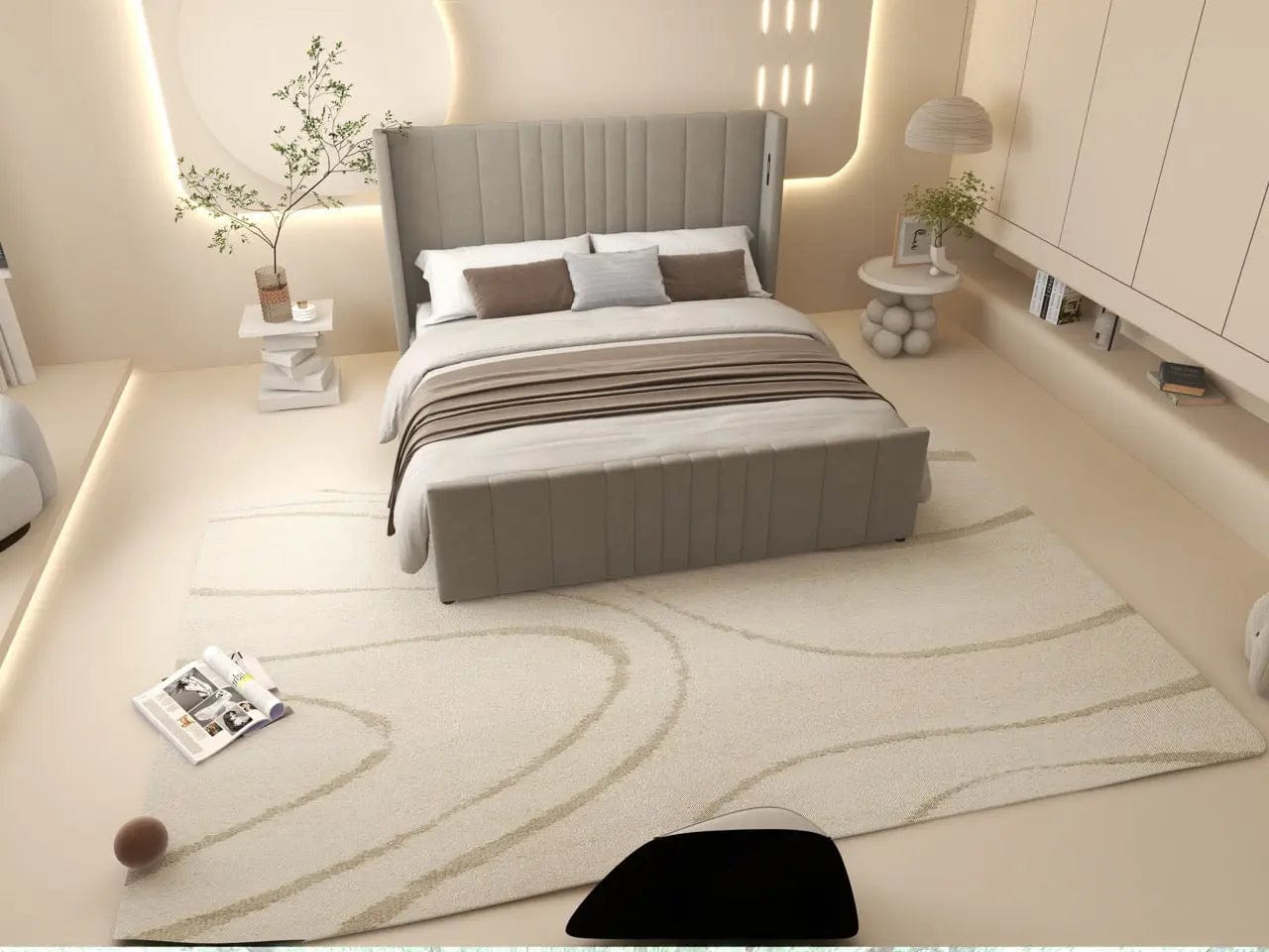 Pat dormitor dumonde, tapitat bej, cu LED, USB, Lisbon 160x200 cm, somiera rabatabila inclusa, spatiu depozitare