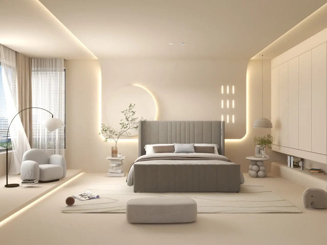 Pat dormitor dumonde, tapitat bej, cu LED, USB, Lisbon 160x200 cm, somiera rabatabila inclusa, spatiu depozitare