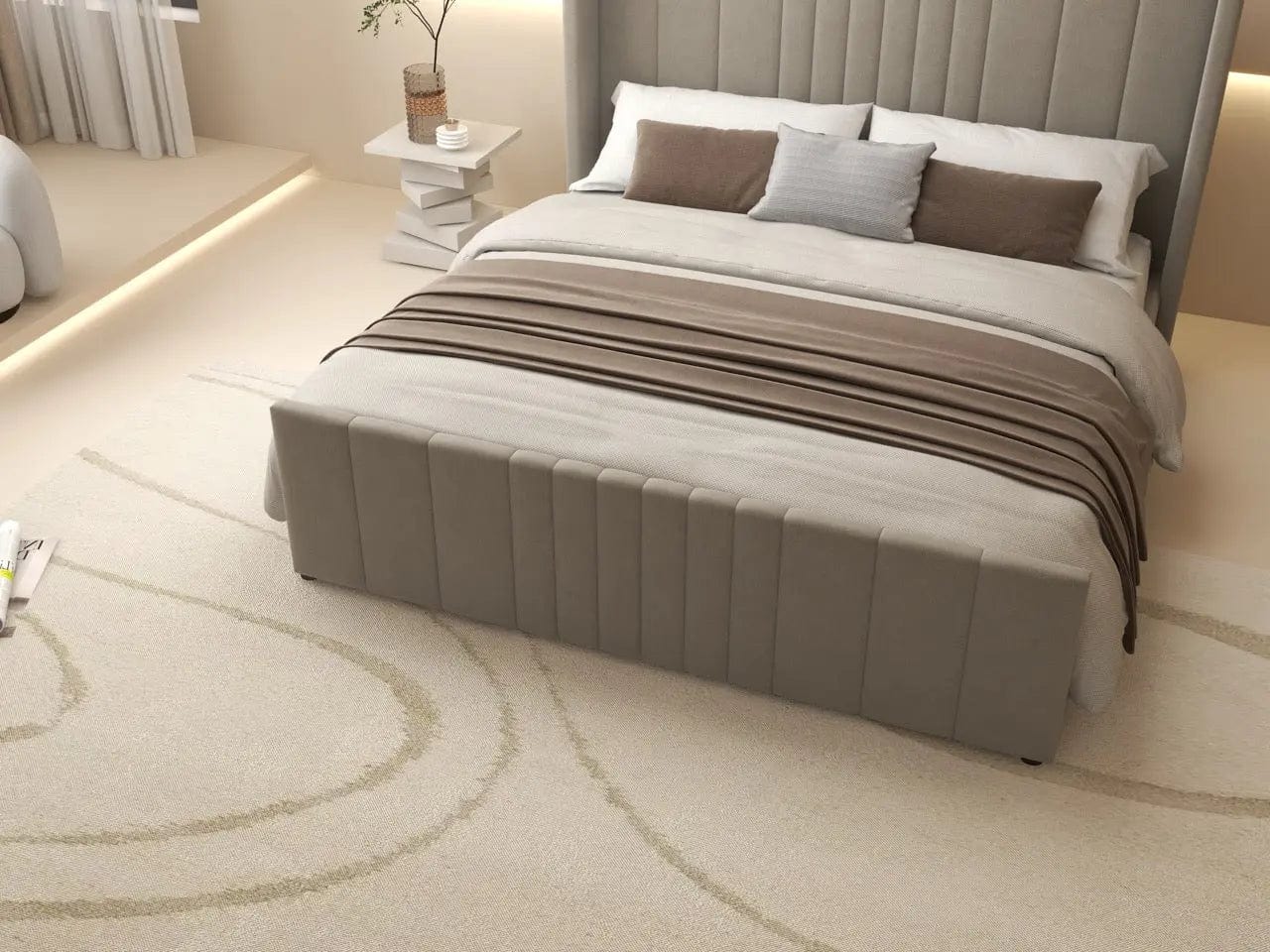 Pat dormitor dumonde, tapitat bej, cu LED, USB, Lisbon 160x200 cm, somiera rabatabila inclusa, spatiu depozitare