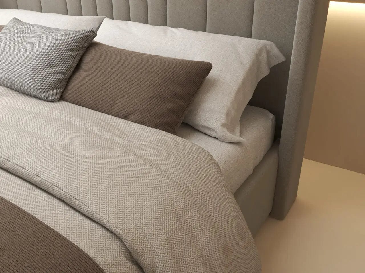 Pat dormitor dumonde, tapitat bej, cu LED, USB, Lisbon 160x200 cm, somiera rabatabila inclusa, spatiu depozitare