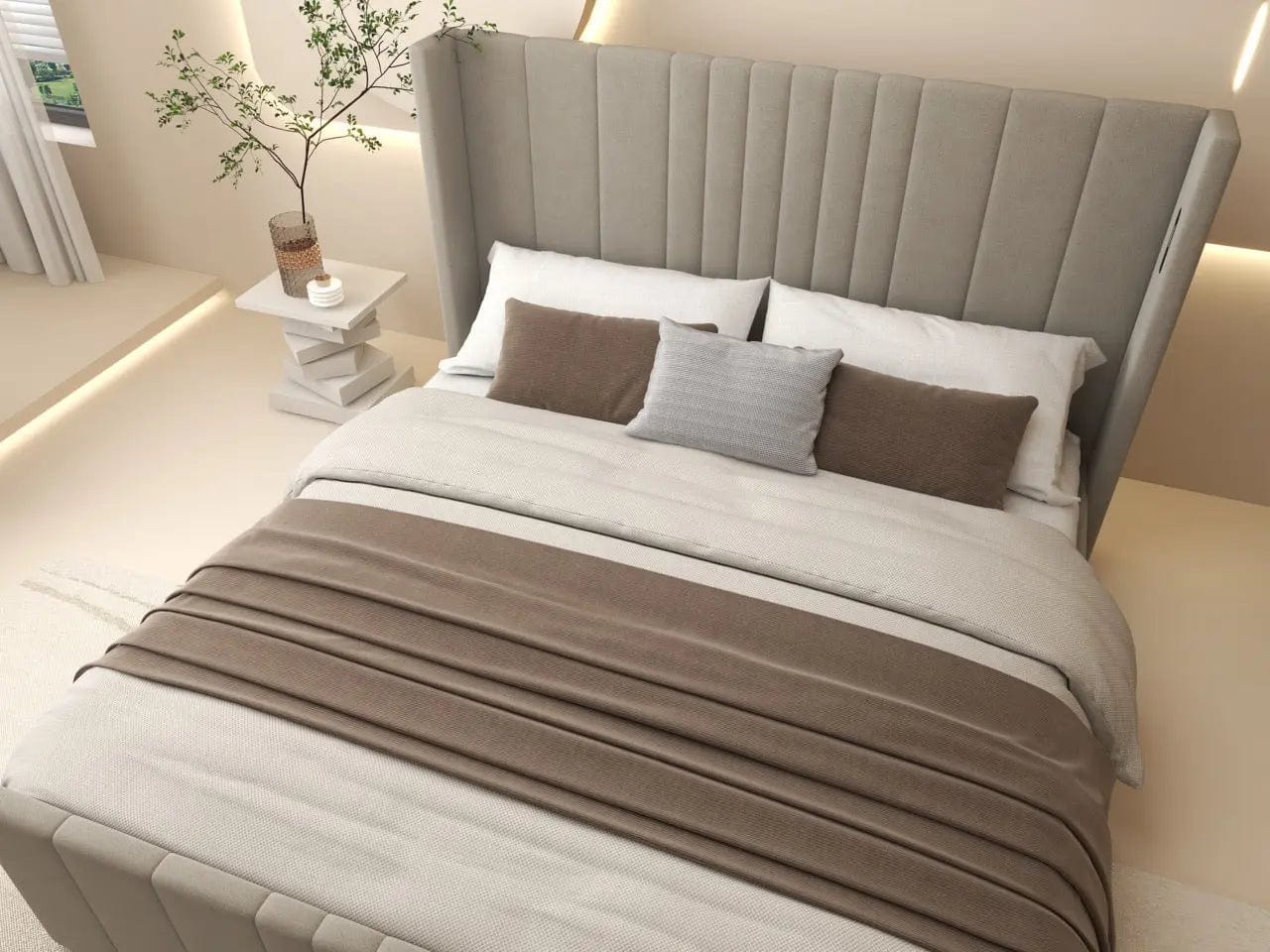 Pat dormitor dumonde, tapitat bej, cu LED, USB, Lisbon 160x200 cm, somiera rabatabila inclusa, spatiu depozitare