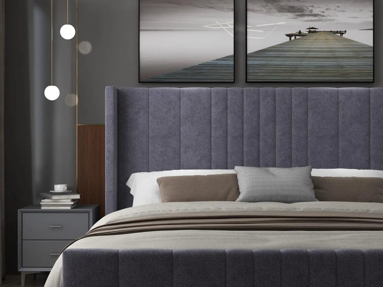 Pat dormitor dumonde, tapitat gri, cu LED, USB, Lisbon 160x200 cm, somiera rabatabila inclusa, spatiu depozitare