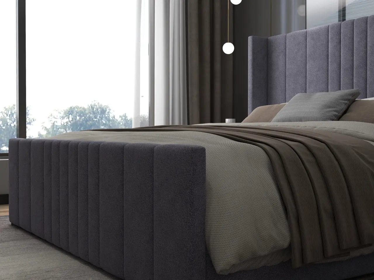 Pat dormitor dumonde, tapitat gri, cu LED, USB, Lisbon 160x200 cm, somiera rabatabila inclusa, spatiu depozitare