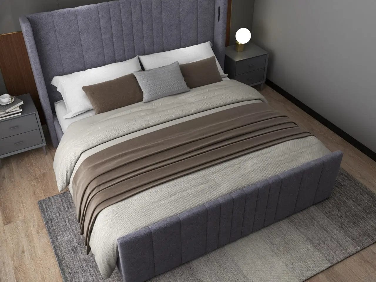 Pat dormitor dumonde, tapitat gri, cu LED, USB, Lisbon 160x200 cm, somiera rabatabila inclusa, spatiu depozitare