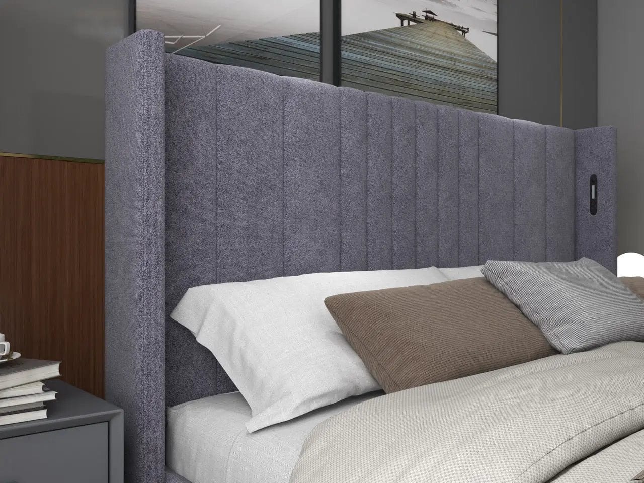 Pat dormitor dumonde, tapitat gri, cu LED, USB, Lisbon 160x200 cm, somiera rabatabila inclusa, spatiu depozitare