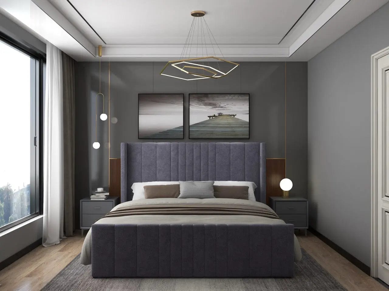 Pat dormitor dumonde, tapitat gri, cu LED, USB, Lisbon 160x200 cm, somiera rabatabila inclusa, spatiu depozitare