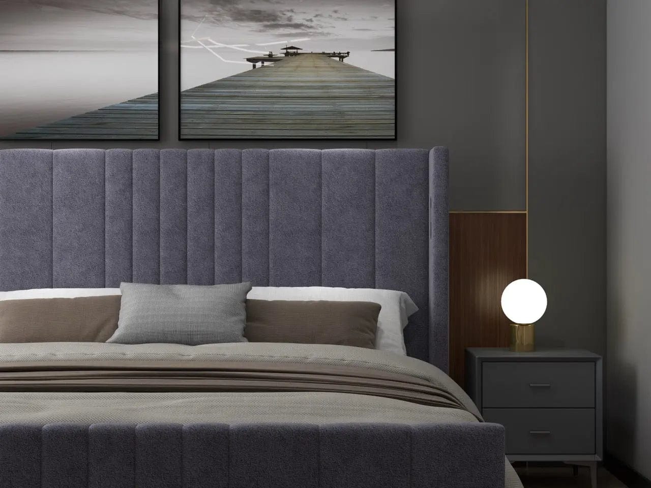 Pat dormitor dumonde, tapitat gri, cu LED, USB, Lisbon 160x200 cm, somiera rabatabila inclusa, spatiu depozitare