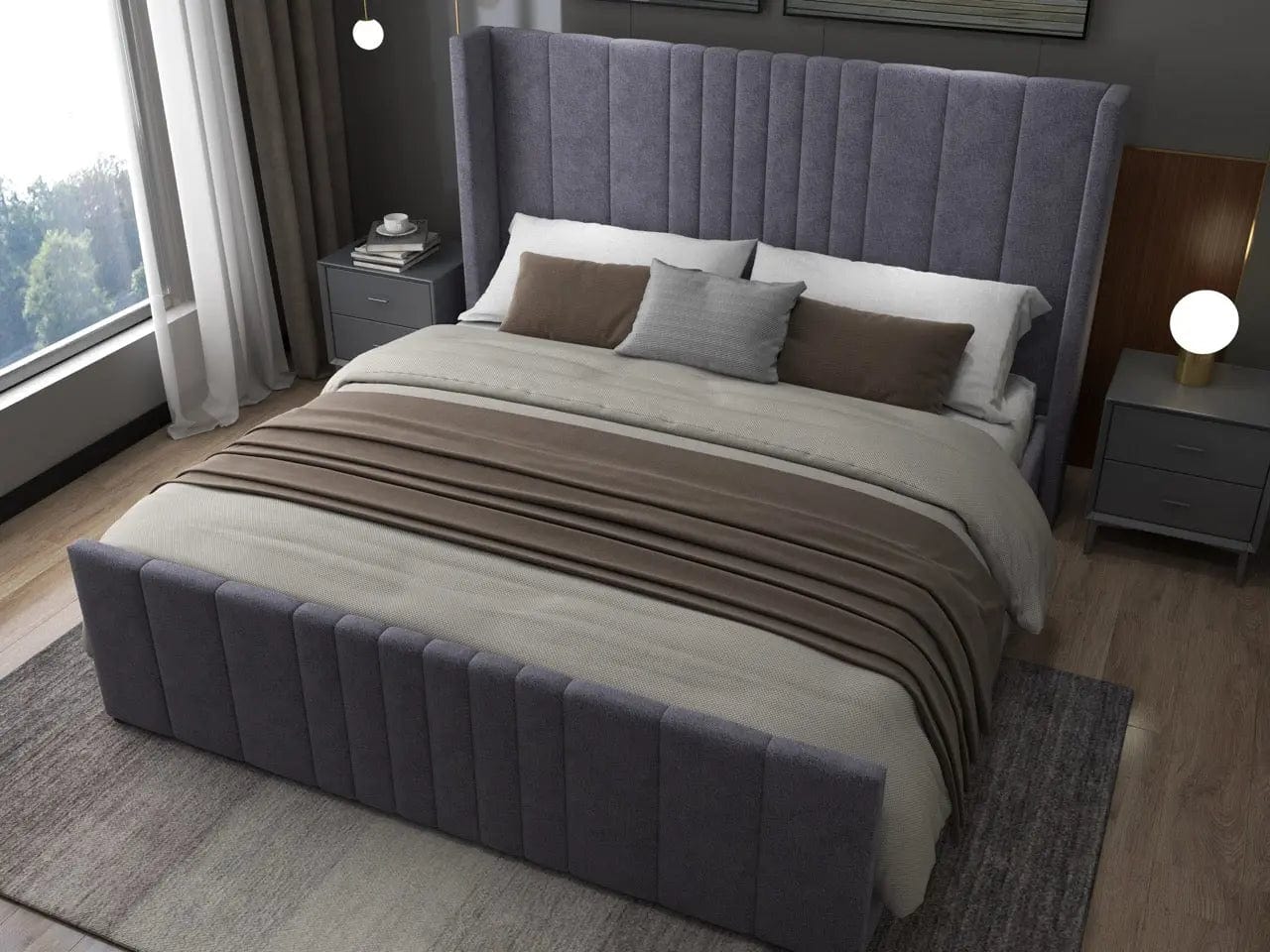 Pat dormitor dumonde, tapitat gri, cu LED, USB, Lisbon 160x200 cm, somiera rabatabila inclusa, spatiu depozitare