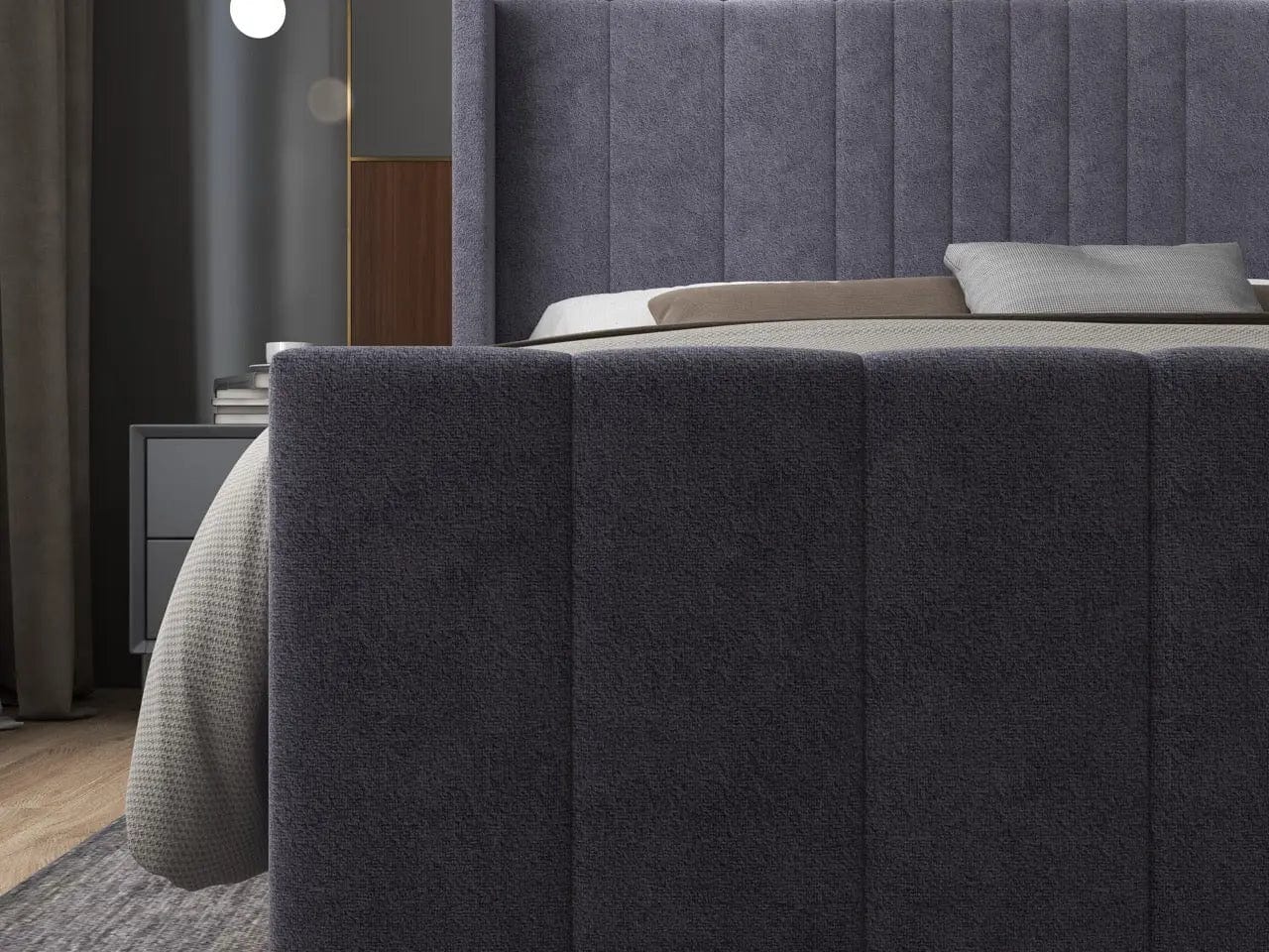 Pat dormitor dumonde, tapitat gri, cu LED, USB, Lisbon 160x200 cm, somiera rabatabila inclusa, spatiu depozitare