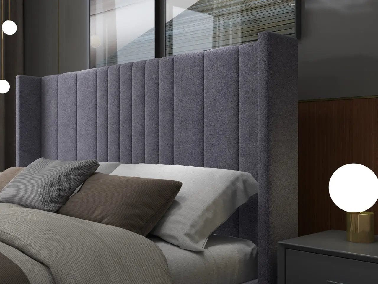 Pat dormitor dumonde, tapitat gri, cu LED, USB, Lisbon 160x200 cm, somiera rabatabila inclusa, spatiu depozitare