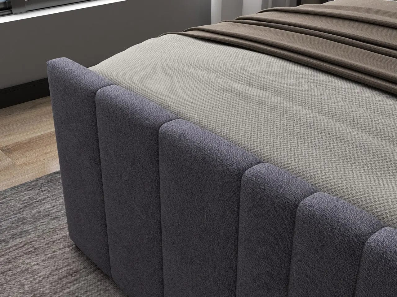 Pat dormitor dumonde, tapitat gri, cu LED, USB, Lisbon 160x200 cm, somiera rabatabila inclusa, spatiu depozitare