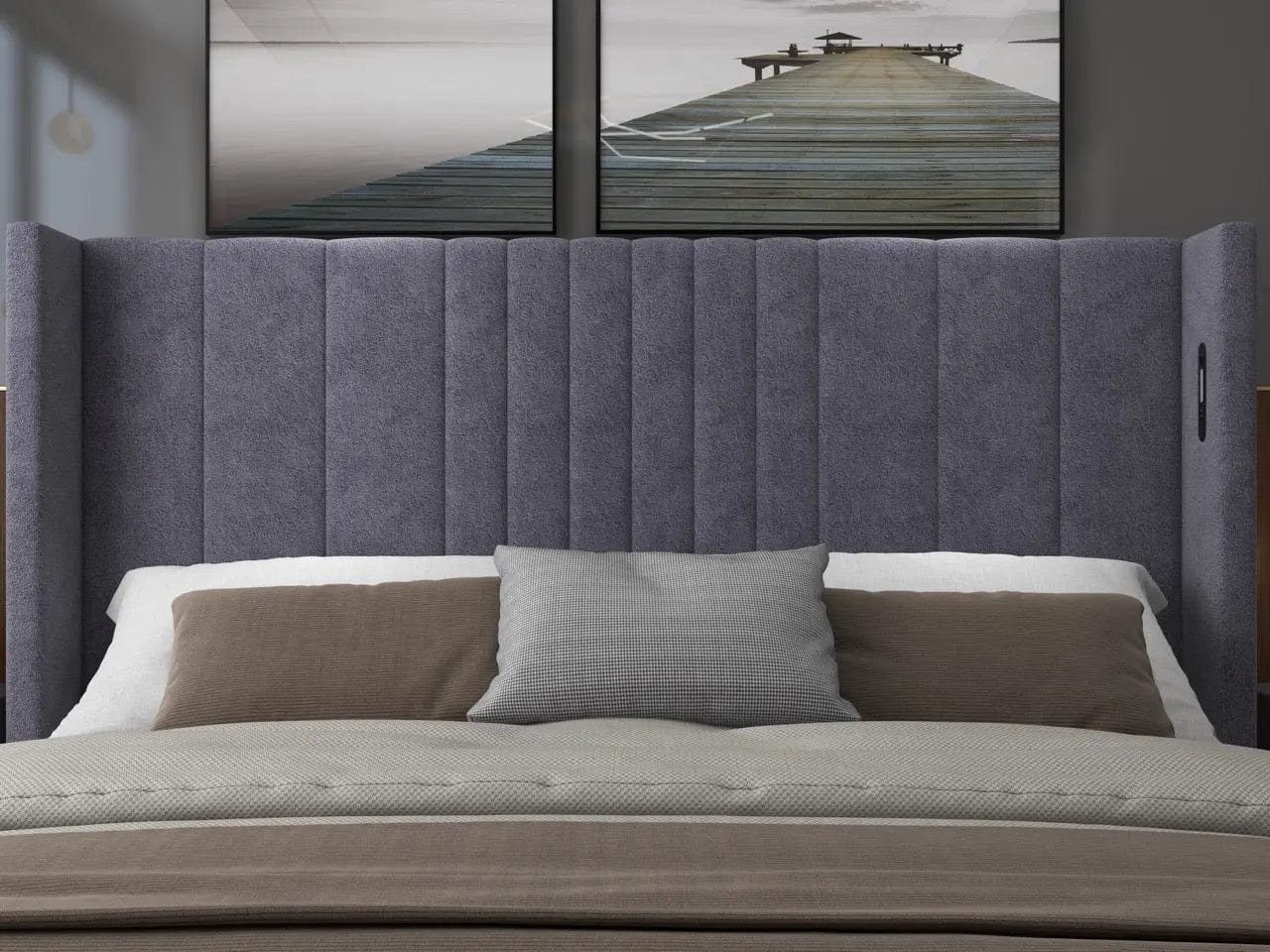 Pat dormitor dumonde, tapitat gri, cu LED, USB, Lisbon 160x200 cm, somiera rabatabila inclusa, spatiu depozitare