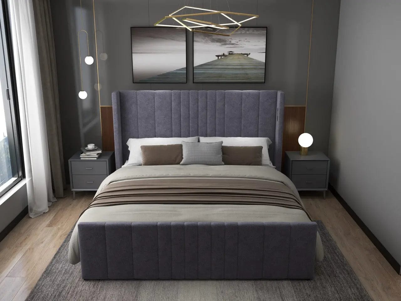 Pat dormitor dumonde, tapitat gri, cu LED, USB, Lisbon 160x200 cm, somiera rabatabila inclusa, spatiu depozitare