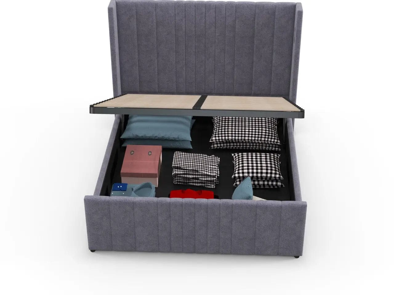 Pat dormitor dumonde, tapitat gri, cu LED, USB, Lisbon 160x200 cm, somiera rabatabila inclusa, spatiu depozitare