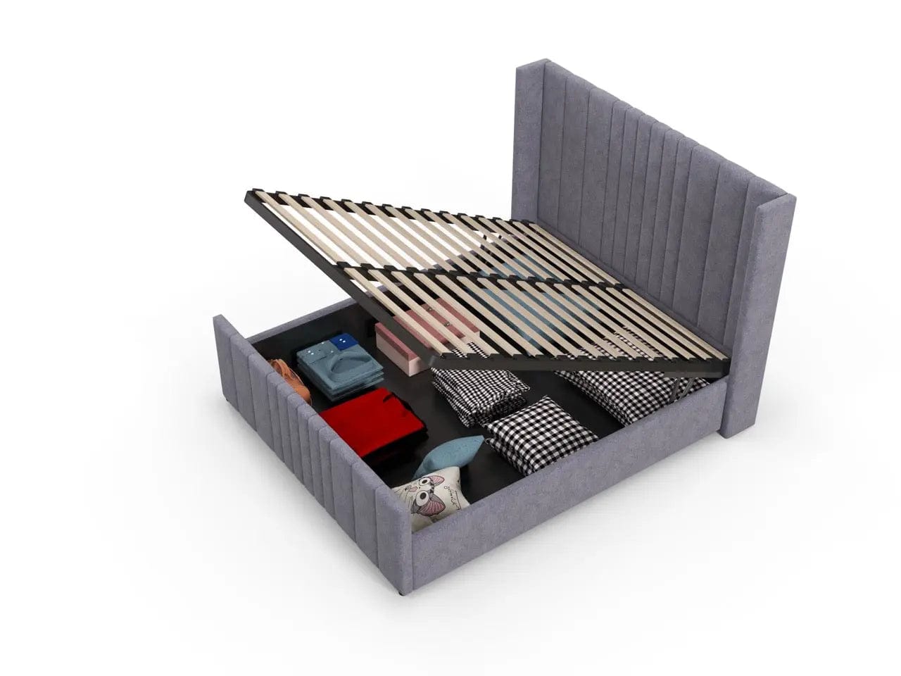 Pat dormitor dumonde, tapitat gri, cu LED, USB, Lisbon 160x200 cm, somiera rabatabila inclusa, spatiu depozitare