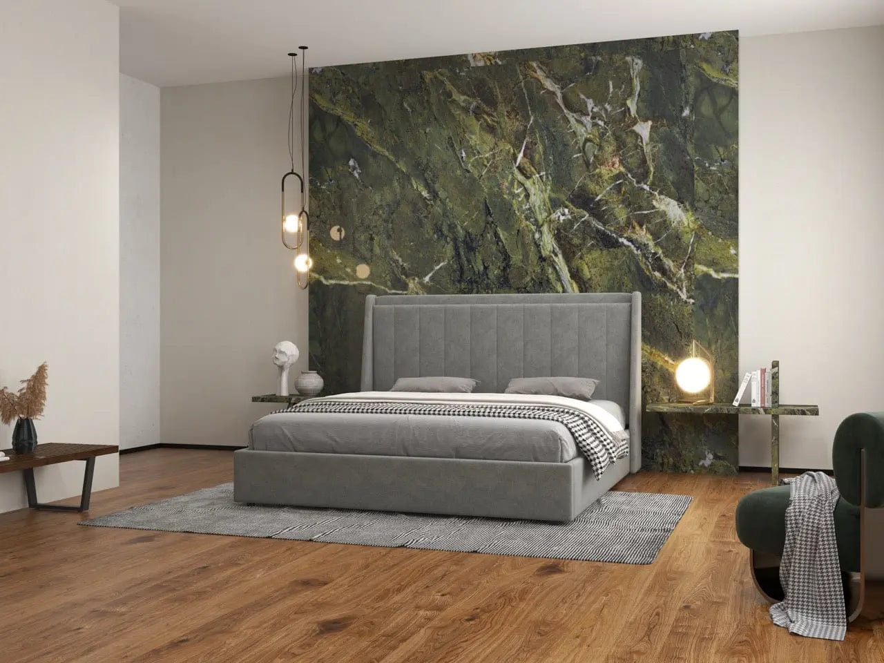 Pat dormitor dumonde, tapitat gri, Montreal 160x200 cm, somiera rabatabila inclusa, spatiu depozitare