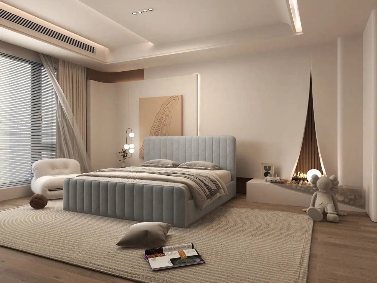 Pat dormitor dumonde, tapitat gri, Loft 160x200 cm, somiera rabatabila inclusa, spatiu depozitare